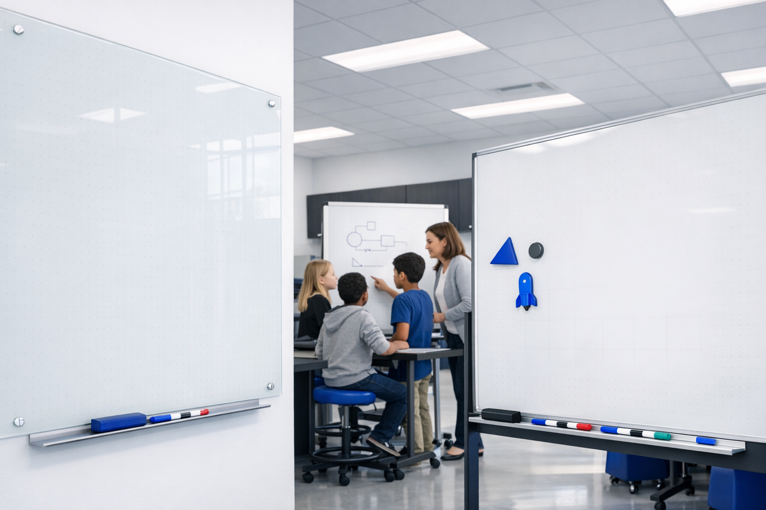 Photorealistic, modern K–12 STEM classroom-lab hybrid interior. Low 3/4 wide-angle from a front corner frames a pristine glass wall board on the left 